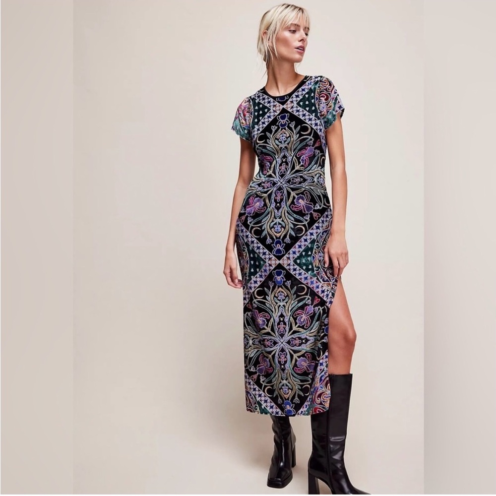 Free People Iris Velvet Black Midi/Maxi Dress with Multicolor Mosaic Print NWOT